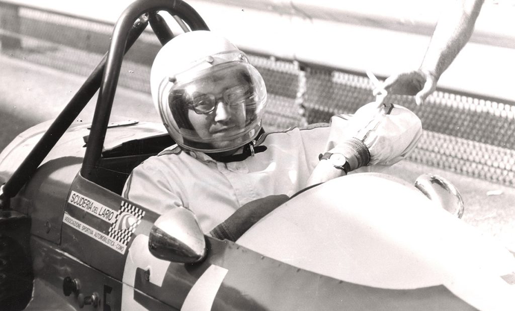 Gianni Taroni in a racing car, 1970